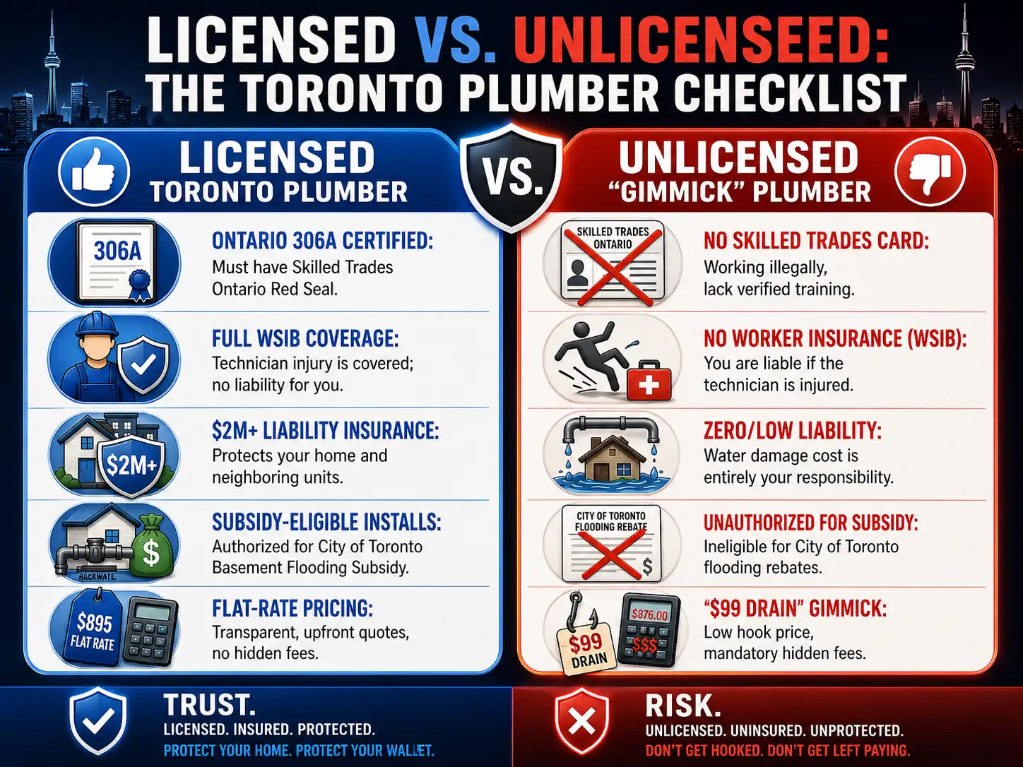 Licensed Toronto Plumber vs. Unlicensed Gimmick Plumber comparison checklist showing differences in Ontario 306A certification, WSIB, Liability Insurance, and City of Toronto Basement Flooding Subsidy eligibility.
