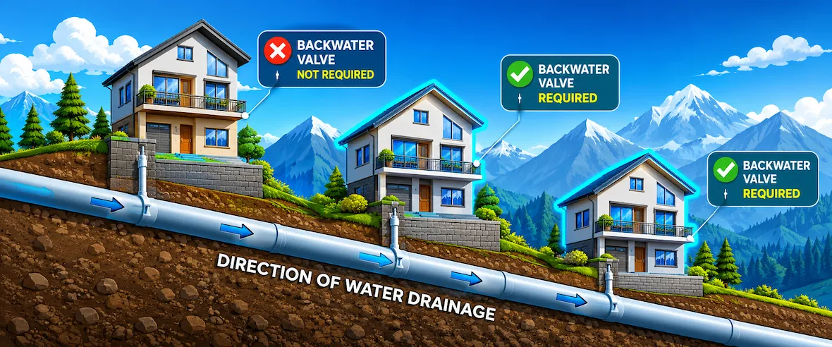 Diagram illustrating when a backwater valve is required based on home elevation relative to the municipal sewer line. Shows homes at lower elevations needing a valve to prevent sewer backups, while the highest home does not.