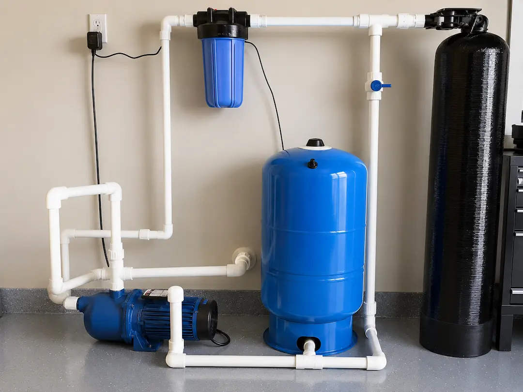 Water pressure tank connected to filtration equipment and plumbing pipes in a residential utility room.