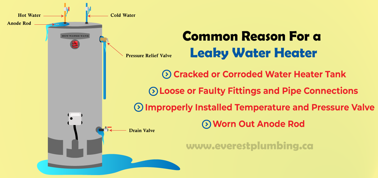 infographic for common reason for leaky hot water heater and hot water tank 