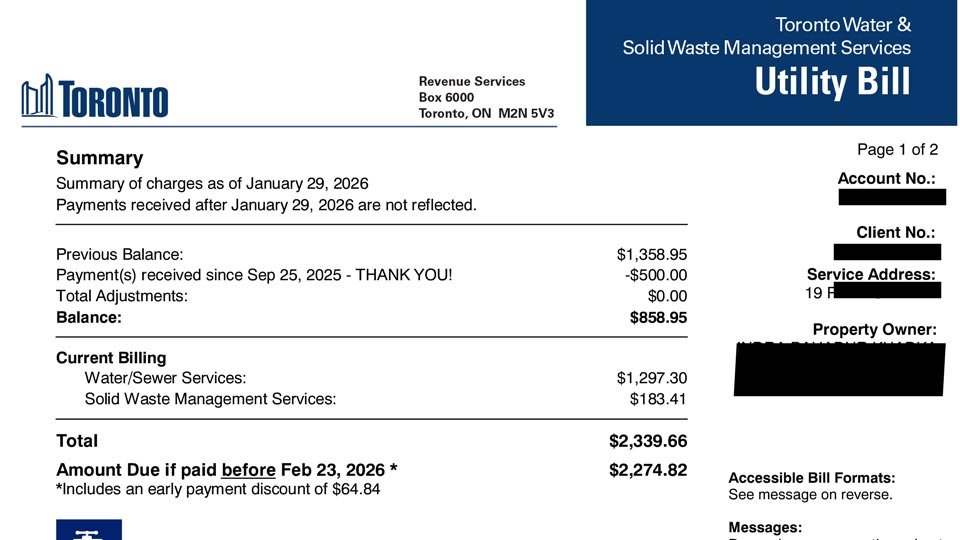 section of toronto water utility bill that shows summary and client detail
