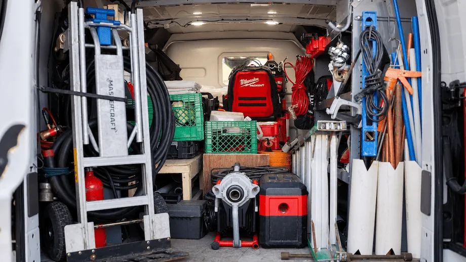 Fully stocked Everest Drain & Plumbing service truck ready for same-day emergency plumbing repairs.