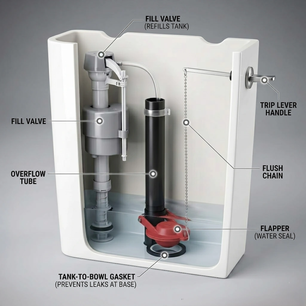 The inside of a toilet tank relies on a simple, gravity-powered plumbing system to flush and refill. Tap on the different components to explore how they work together, with a special deep dive into the fill valve mechanism.