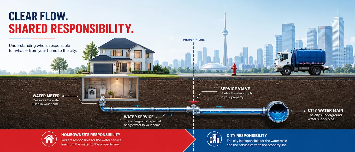 Toronto water service line responsibility infographic showing homeowner and city responsibility for underground water pipes, water meter, service valve, and water main by a professional plumber Toronto company.