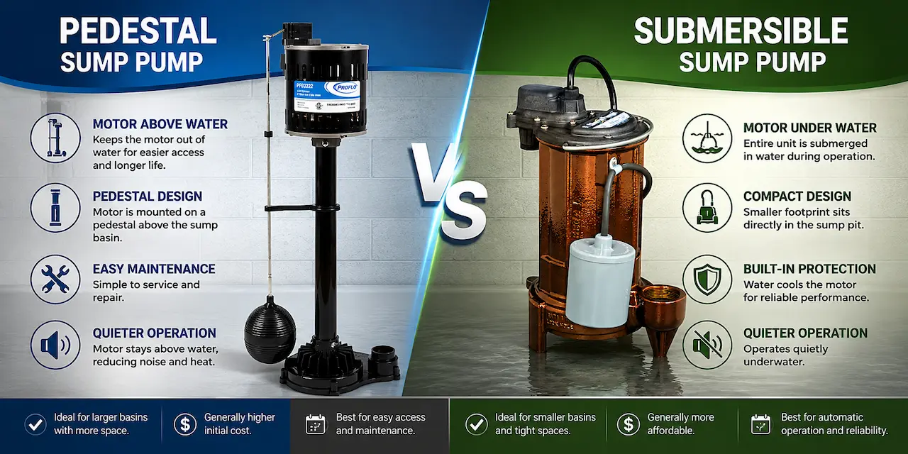 A side-by-side comparison showing a waterproof submersible sump pump inside a pit and an above-ground pedestal sump pump.