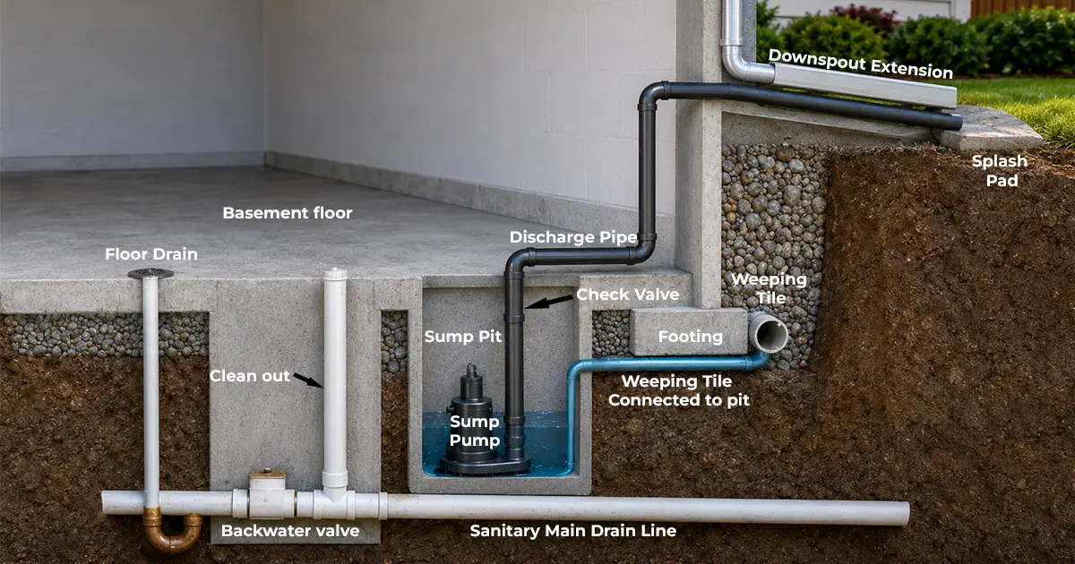 A complete basement sump pump system diagram showing the sump pit, submersible pump, float switch, check valve, and discharge pipe.